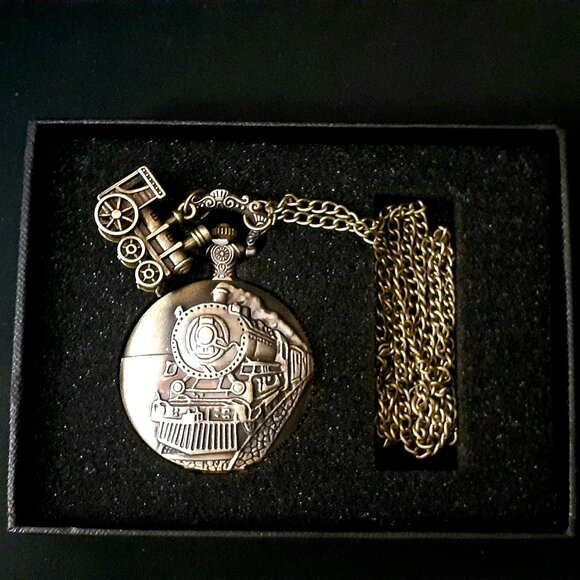 Vintage Style Locomotive Train Quartz Pocket Watch Men Gift Bronze w/Train Charm - Picture 1 of 8